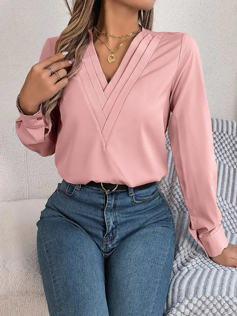 Textured V-Neck Long Sleeve Blouse