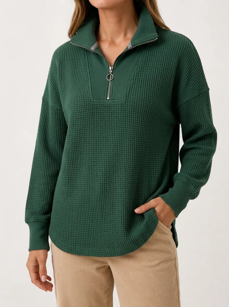 Minimal Everyday Waffle Knit Quarter Zip Pullover Top