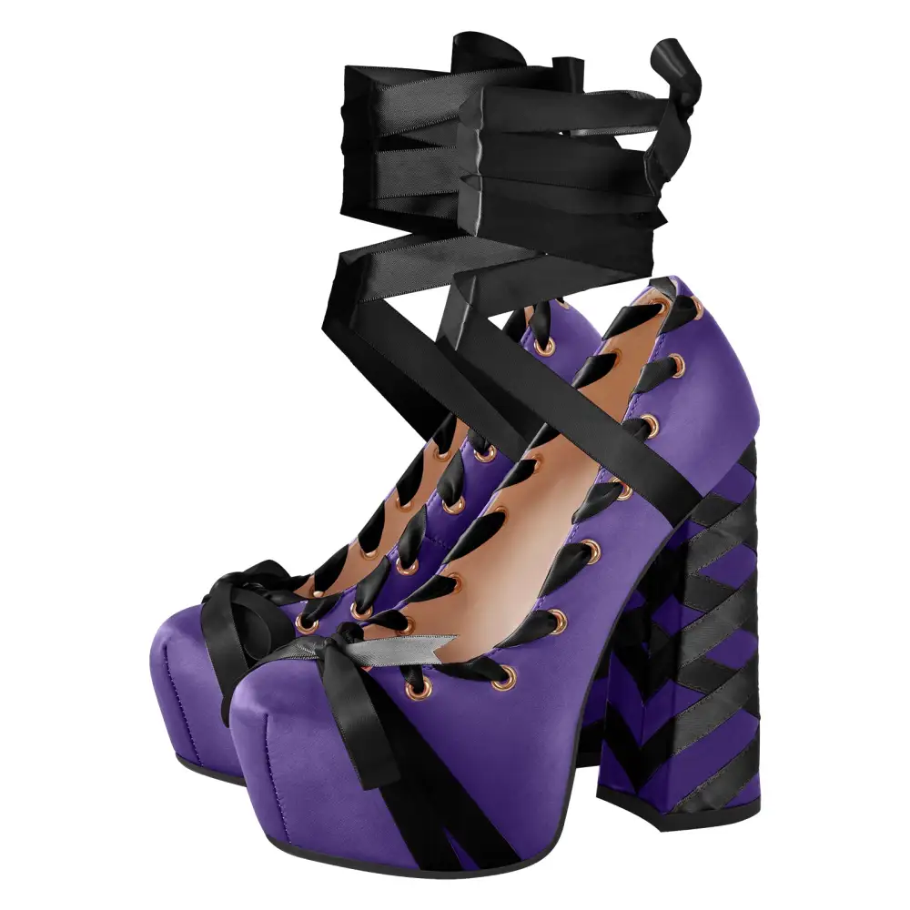 Bow Accent Pointed Toe Platform Chunky Heel Lace Up Pumps