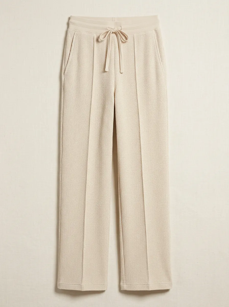 Women's Casual Loungewear Beige Waffle Knit Drawstring Pants
