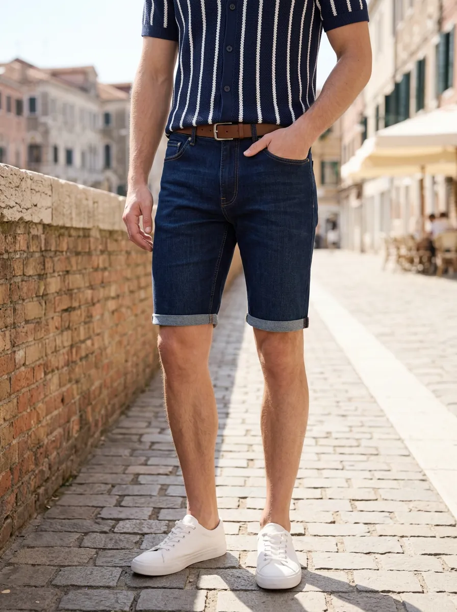 Men's Denim Zip Fly Cuffed Denim Shorts