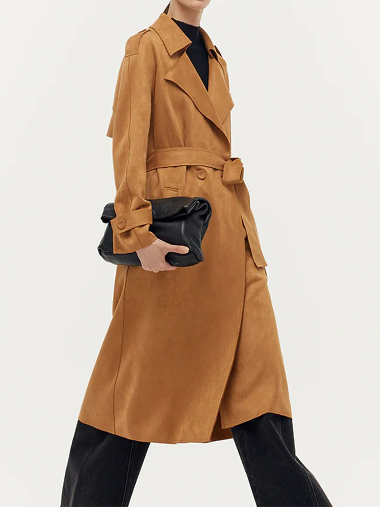Faux Suede Women Trench Coat With Belt