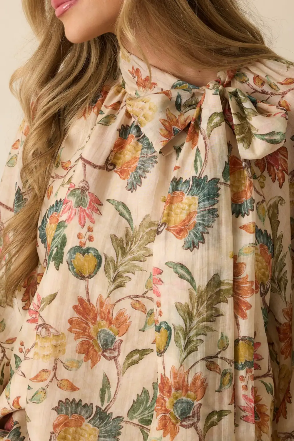 Tie-Neck Long-Sleeve Bow-Detail Floral-Print Blouse