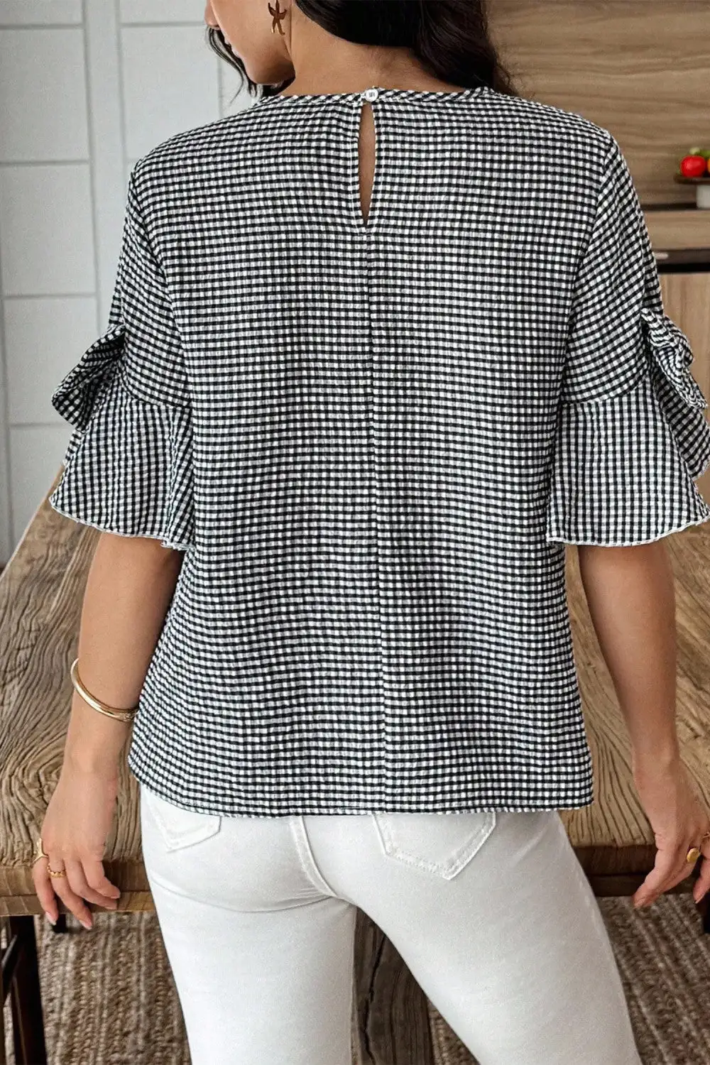 Plaid Bow Ruffled Sleeve Blouse