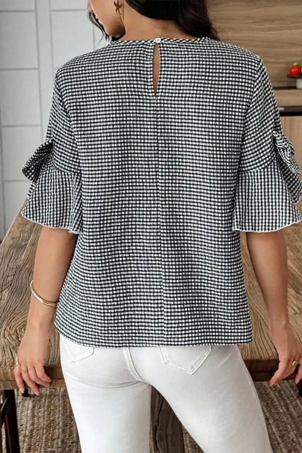 Plaid Bow Ruffled Sleeve Blouse