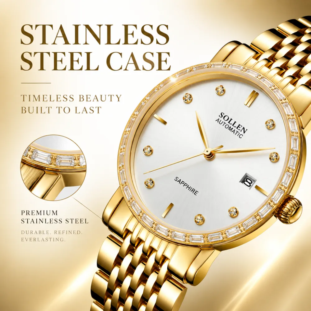 Sollen 9007 Automatic Watch - Men's & Women‘s Couple Sunray Dial Crystal Bezel 9-Bead Stainless Steel Bracelet Wristwatch