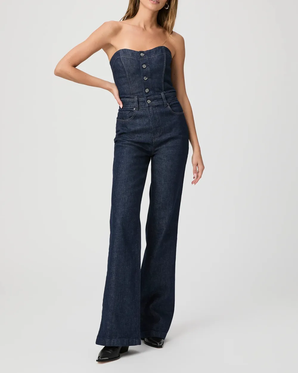 Dark Blue Denim Strapless Flared Jumpsuit