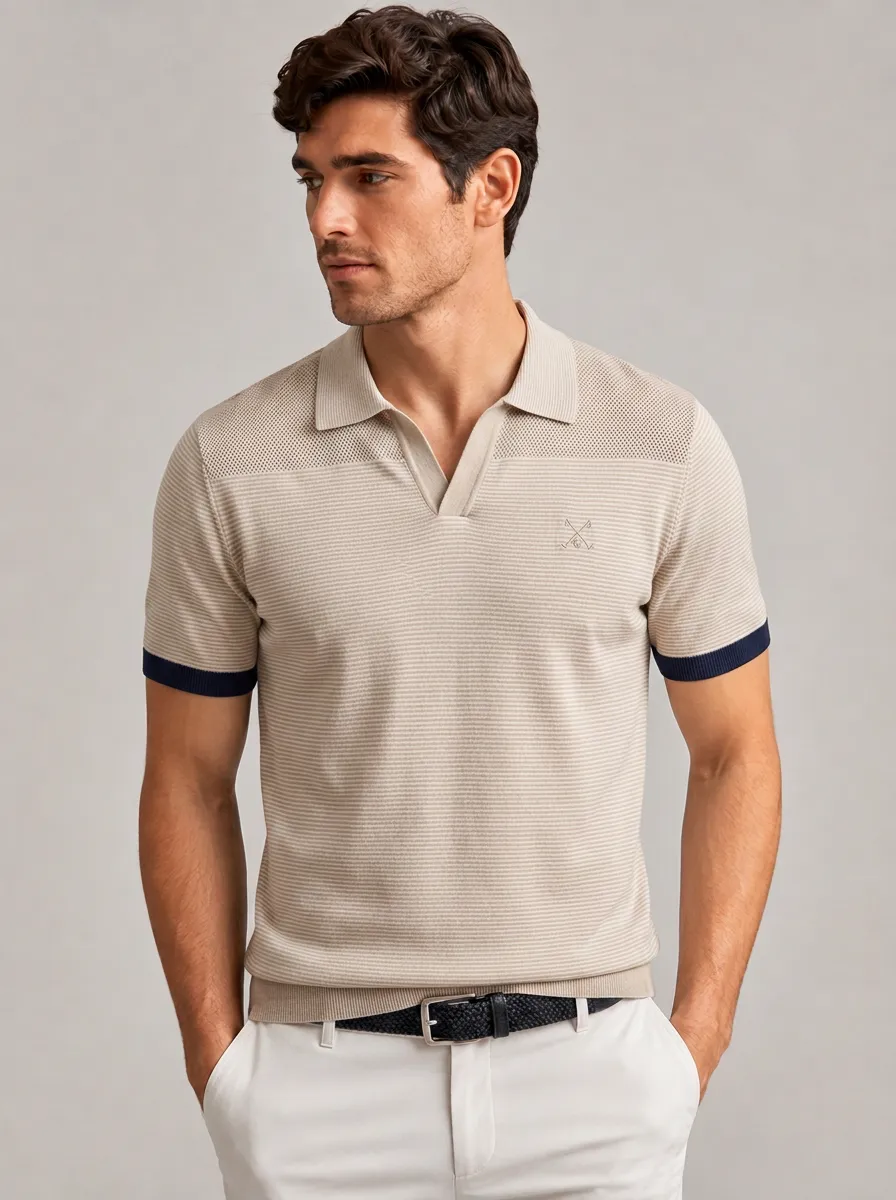 Men's Equestrian Lover Crossed Whip Printed Striped Knit Polo Shirt