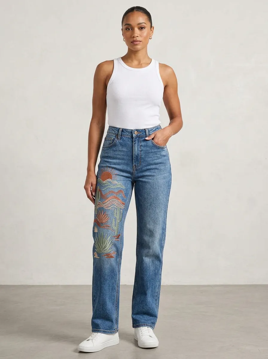Women's Medium Wash Desert Cactus Embroidered High-Rise Straight Leg Jeans