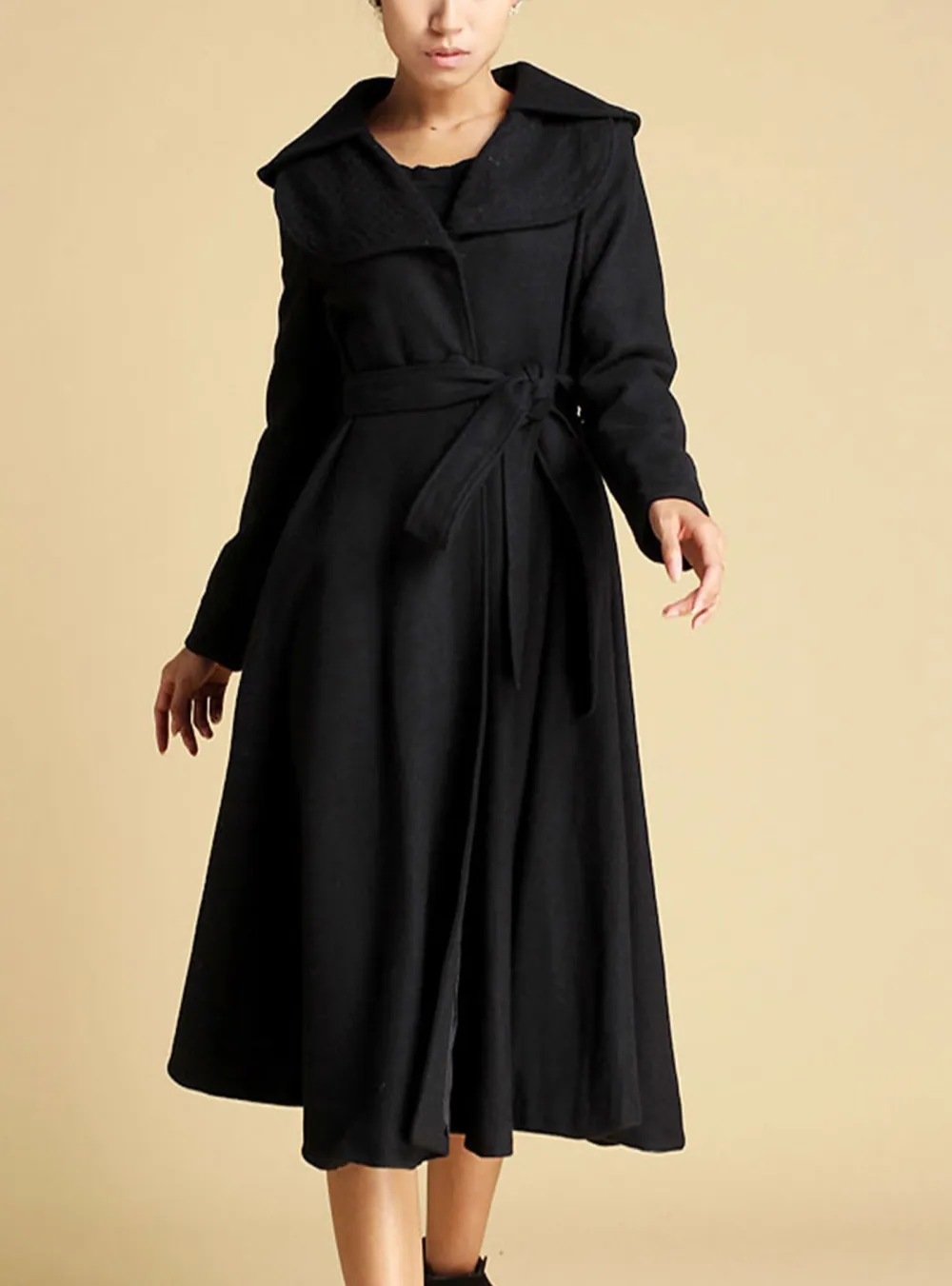 Wool Blend Belted Pocketed Button Front Coat