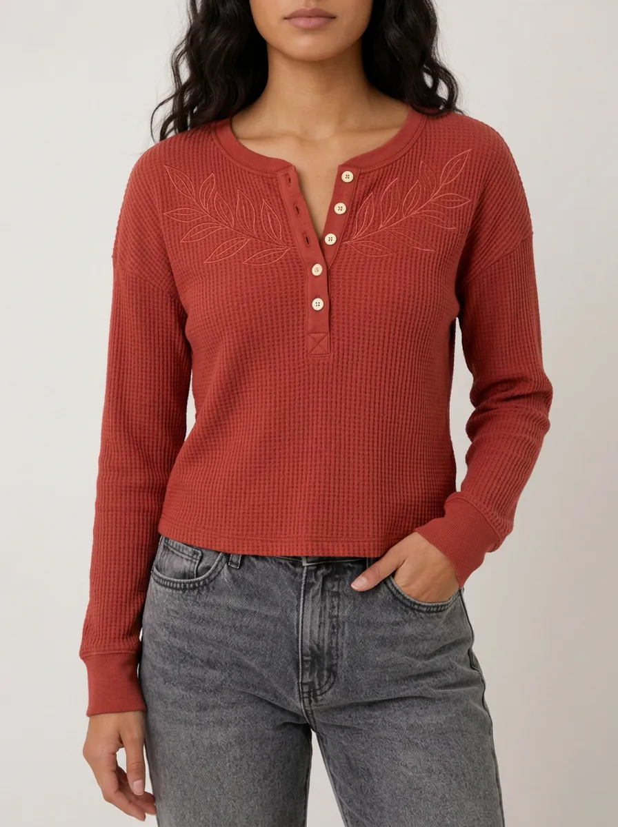 Relaxed Everyday Botanical Leaf Embroidered Waffle Knit Henley Top