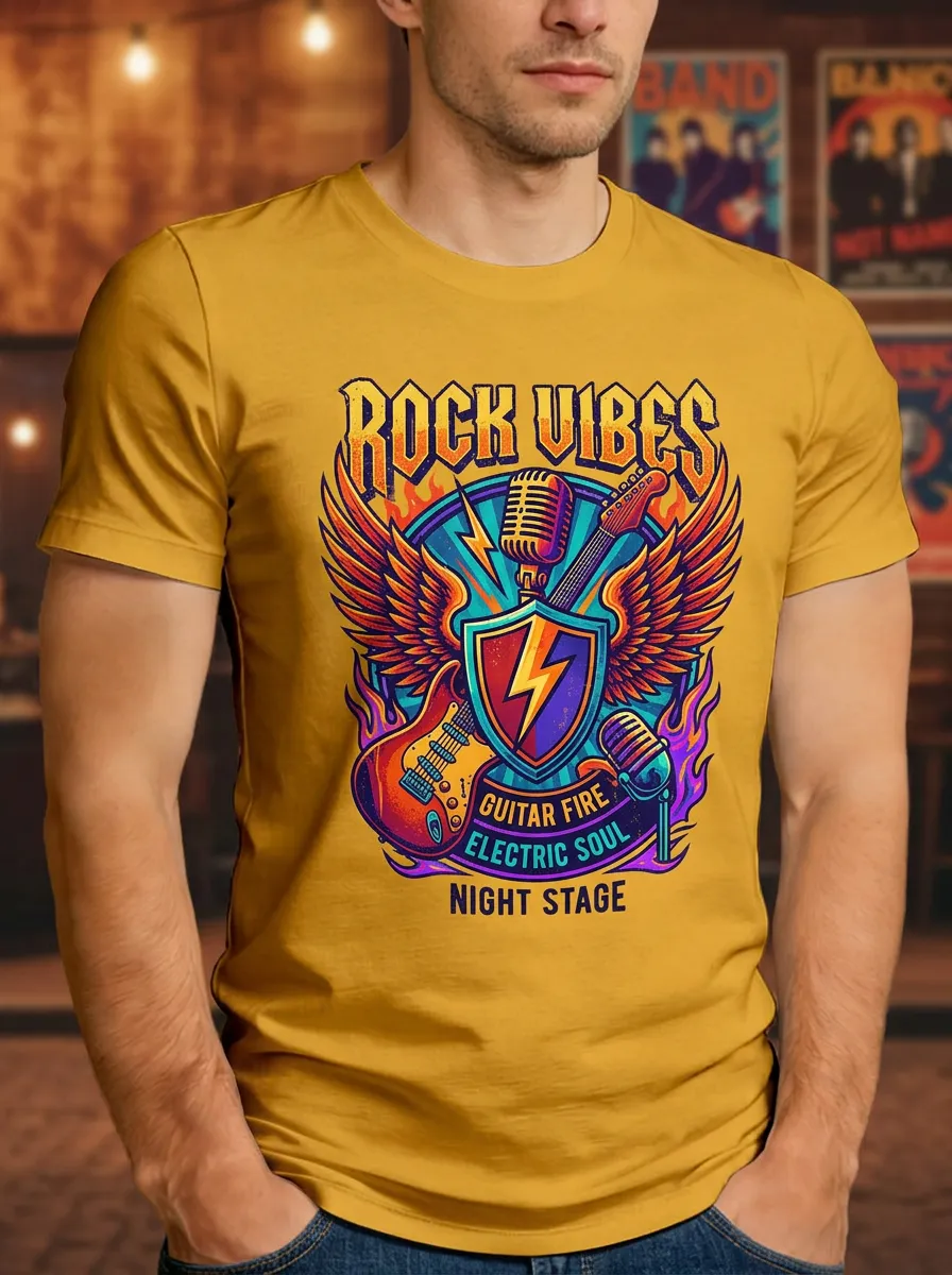 Men's Rock Music Lover Guitar Fire Wings Printed T-shirt