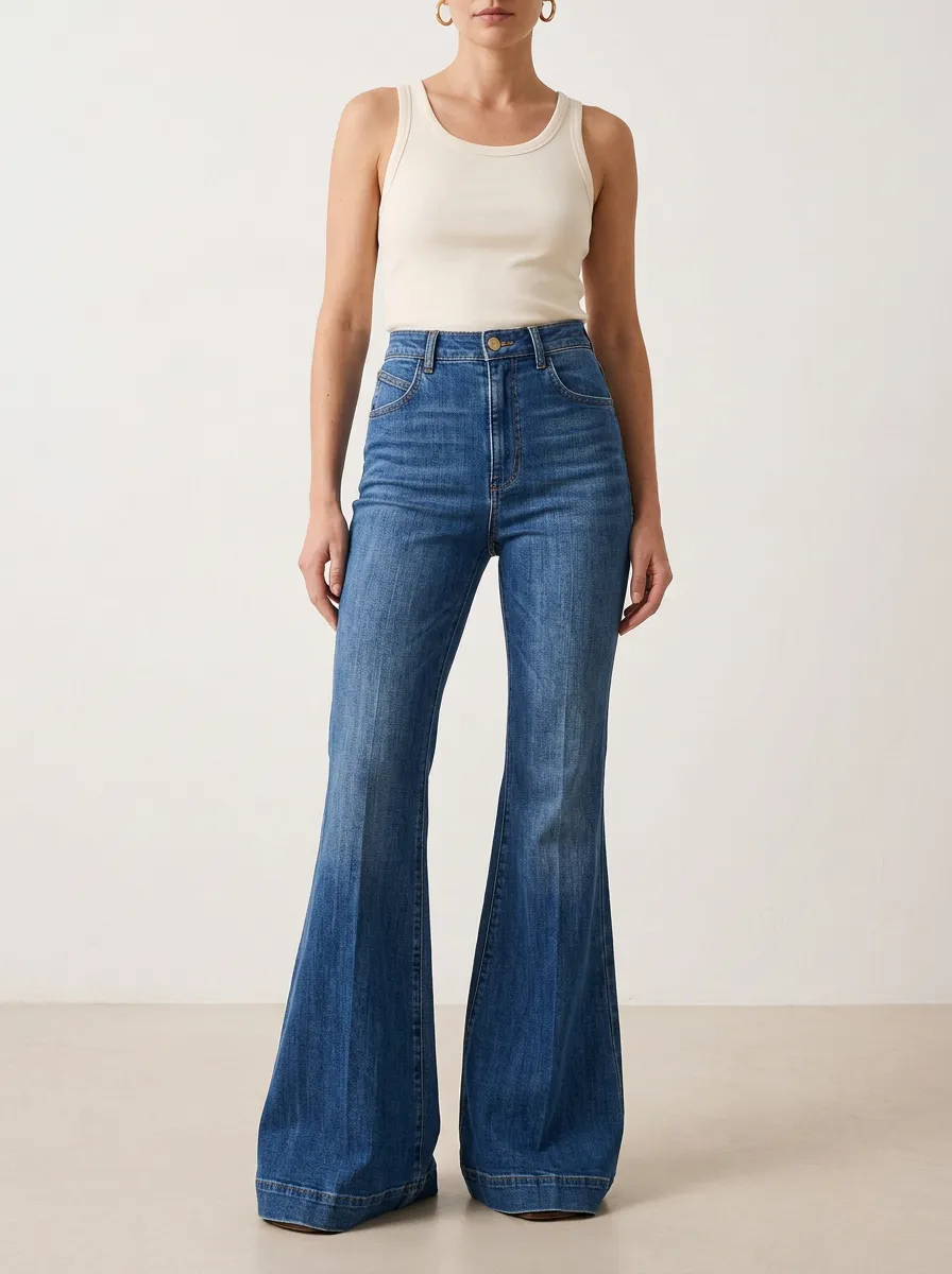 Five Pocket Faded Finish High Rise Flare Jeans