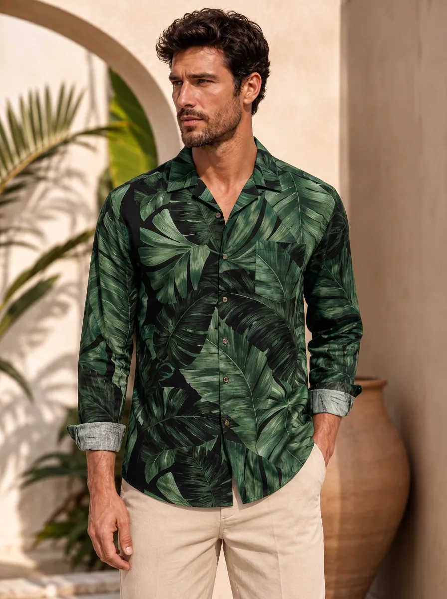 Men's Tropical Vacation Green Leaf Printed Long Sleeve Shirt