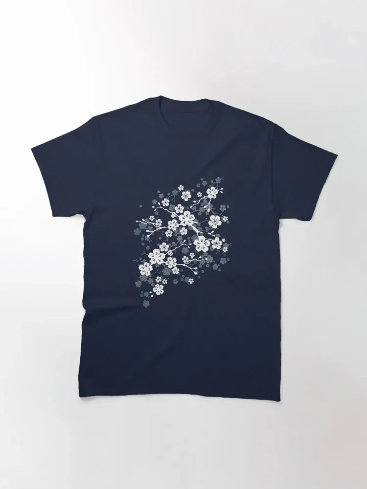 Lady's short-sleeved round-neck T-shirt with cherry blossom pattern