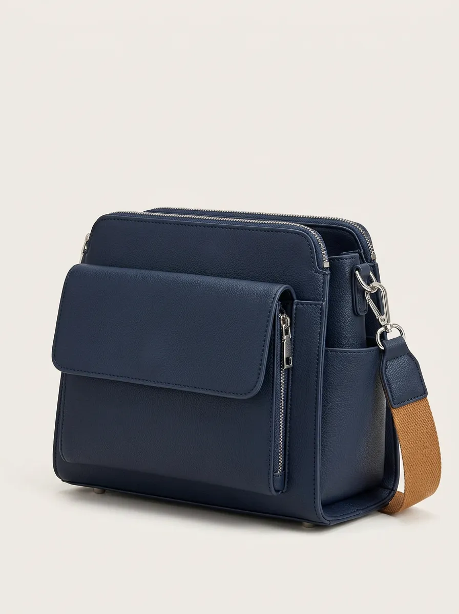 Navy Leather-Look Layered-Pocket Crossbody Bag