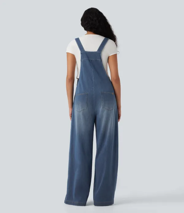  Square Neck Washed Denim Casual Overalls with Pockets