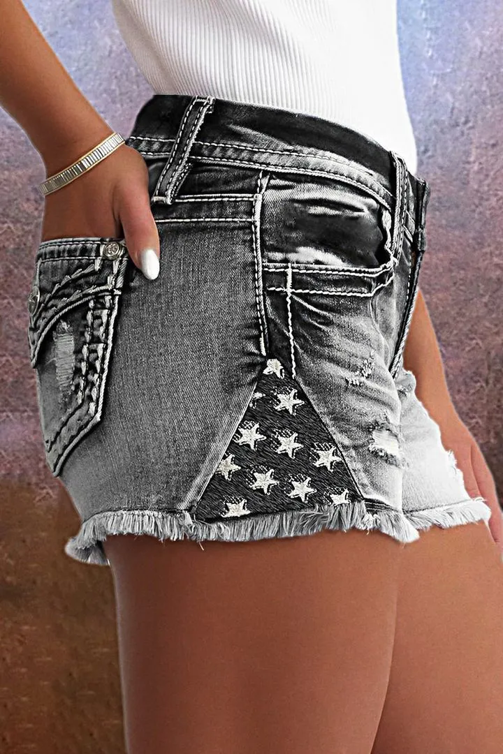 Embroidered Ripped Raw Hem Denim Shorts