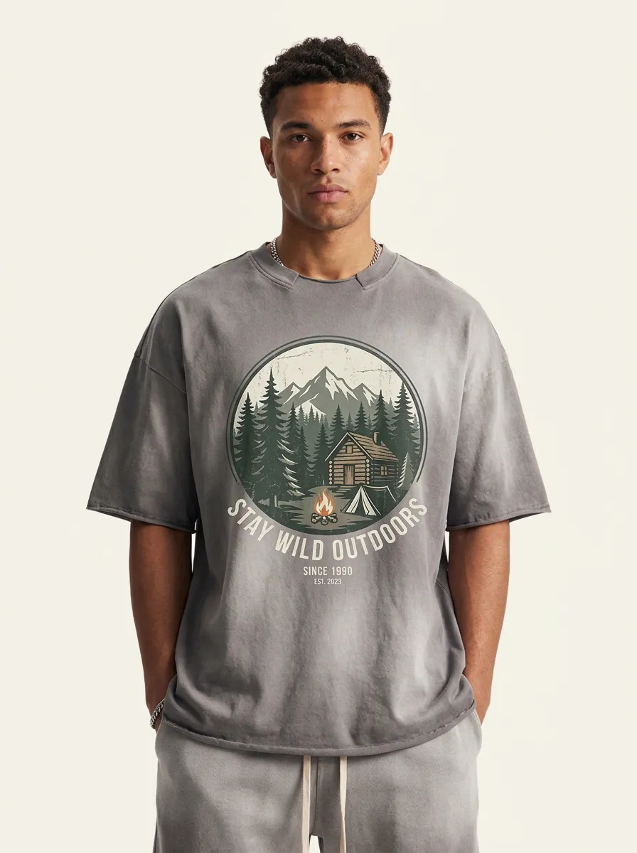 Men's Camping Lover Mountain Cabin Stay Wild Outdoors Printed T-shirt