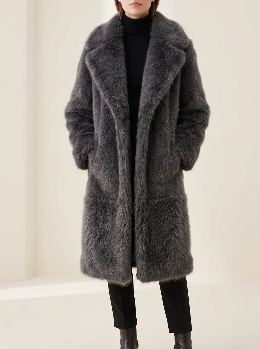 Front Pockets Faux Fur Long Coat