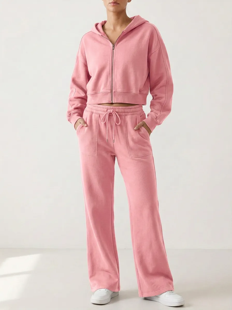 Women's Everyday Minimal Cropped Hooded Jacket and Flare Pants Active Set