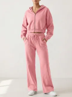 Women's Everyday Minimal Cropped Hooded Jacket and Flare Pants Active Set