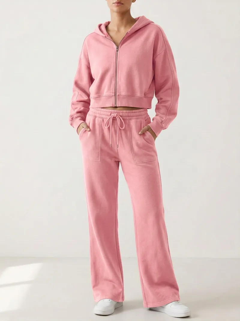 Women's Everyday Minimal Cropped Hooded Jacket and Flare Pants Active Set