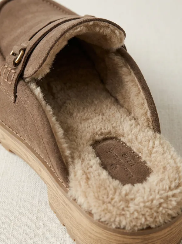 Women's Classic Faux Fur Lined Casual Suede Wood Sole Loafers