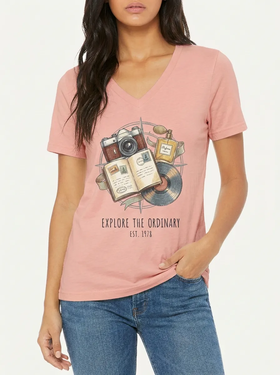 Women's Travel Hobbyist Camera Journal Vinyl Graphic V-Neck T-Shirt