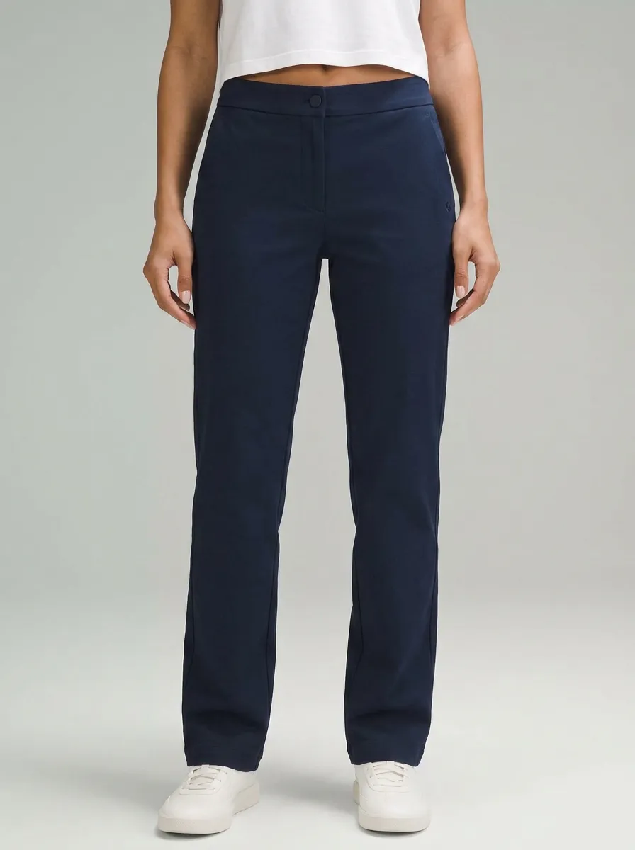 Women's Casual Minimalist Navy Solid Mid-Rise Straight Leg Pants