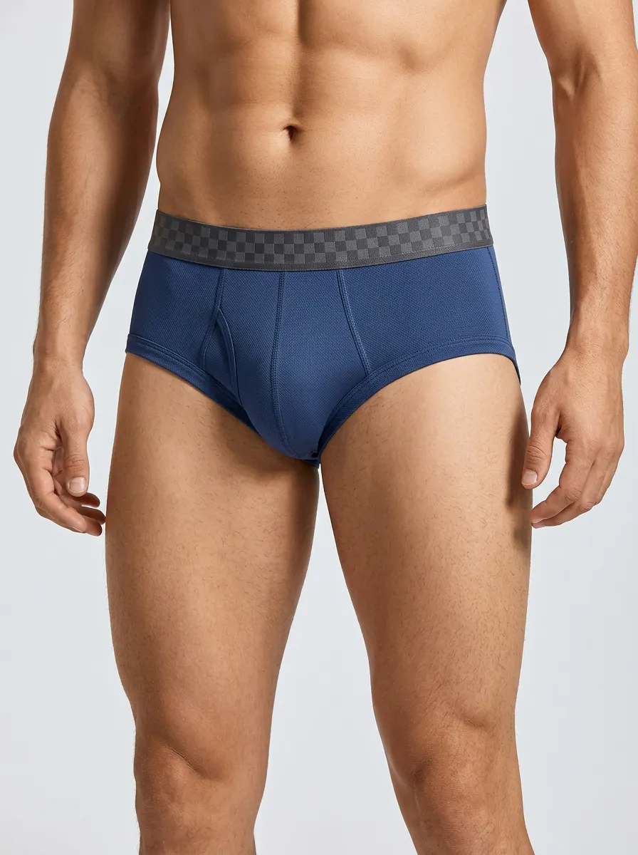 Men's Blue Checkered Waistband Breathable Printed Briefs