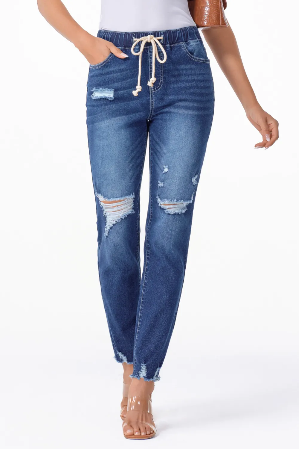 Dark Blue Raw Hem Straight Jeans
