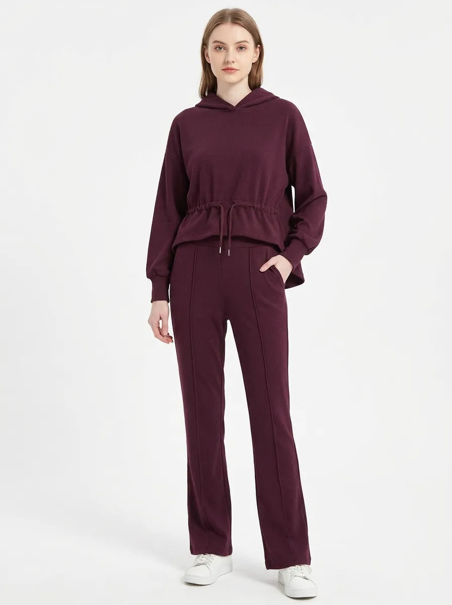 Women's Casual Burgundy Solid Drawstring Hoodie Pants Set