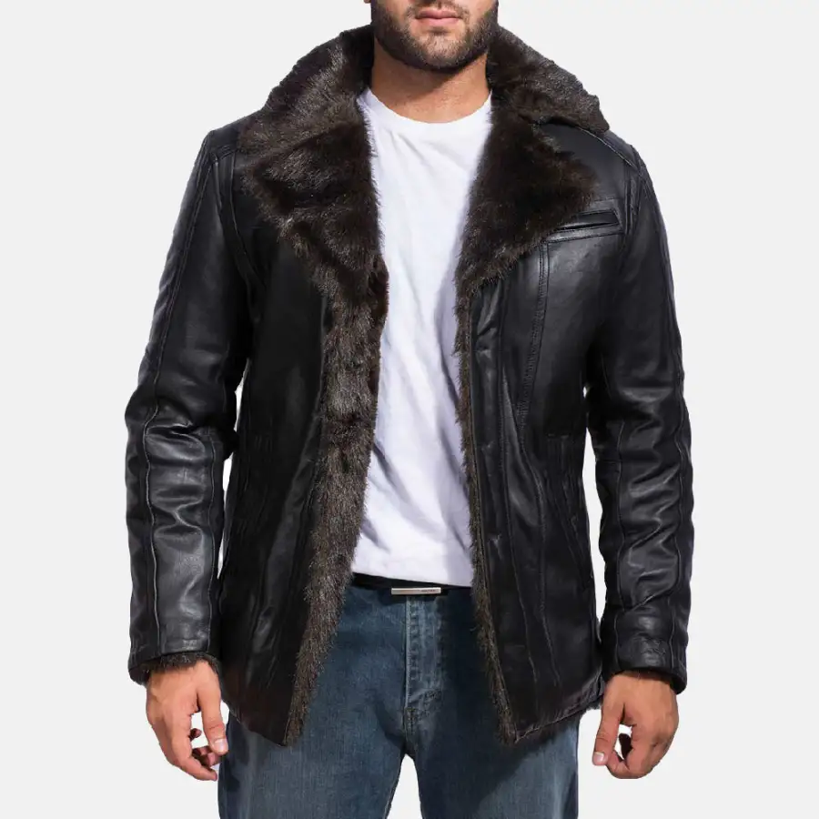 Men's Leather Fur Trim Coat