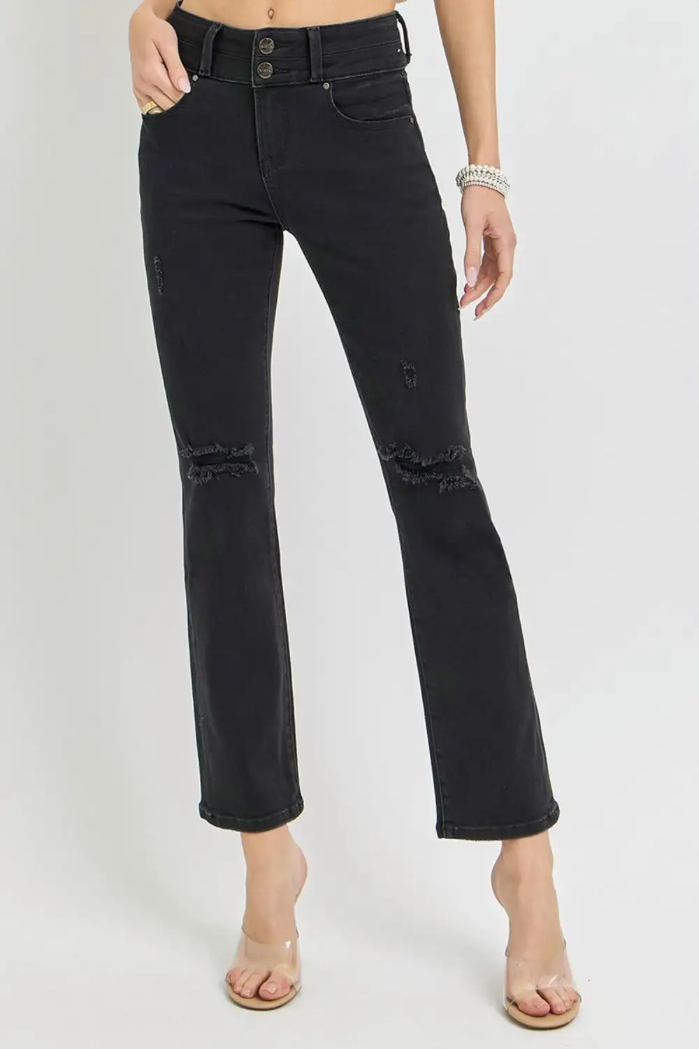 High Rise Wide Waistband Ankle Bootcut Denim Jeans
