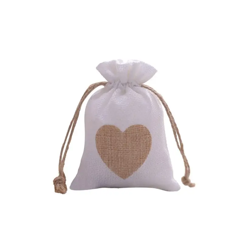 Cotton Linen Drawstring Gift Bag with Heart Print