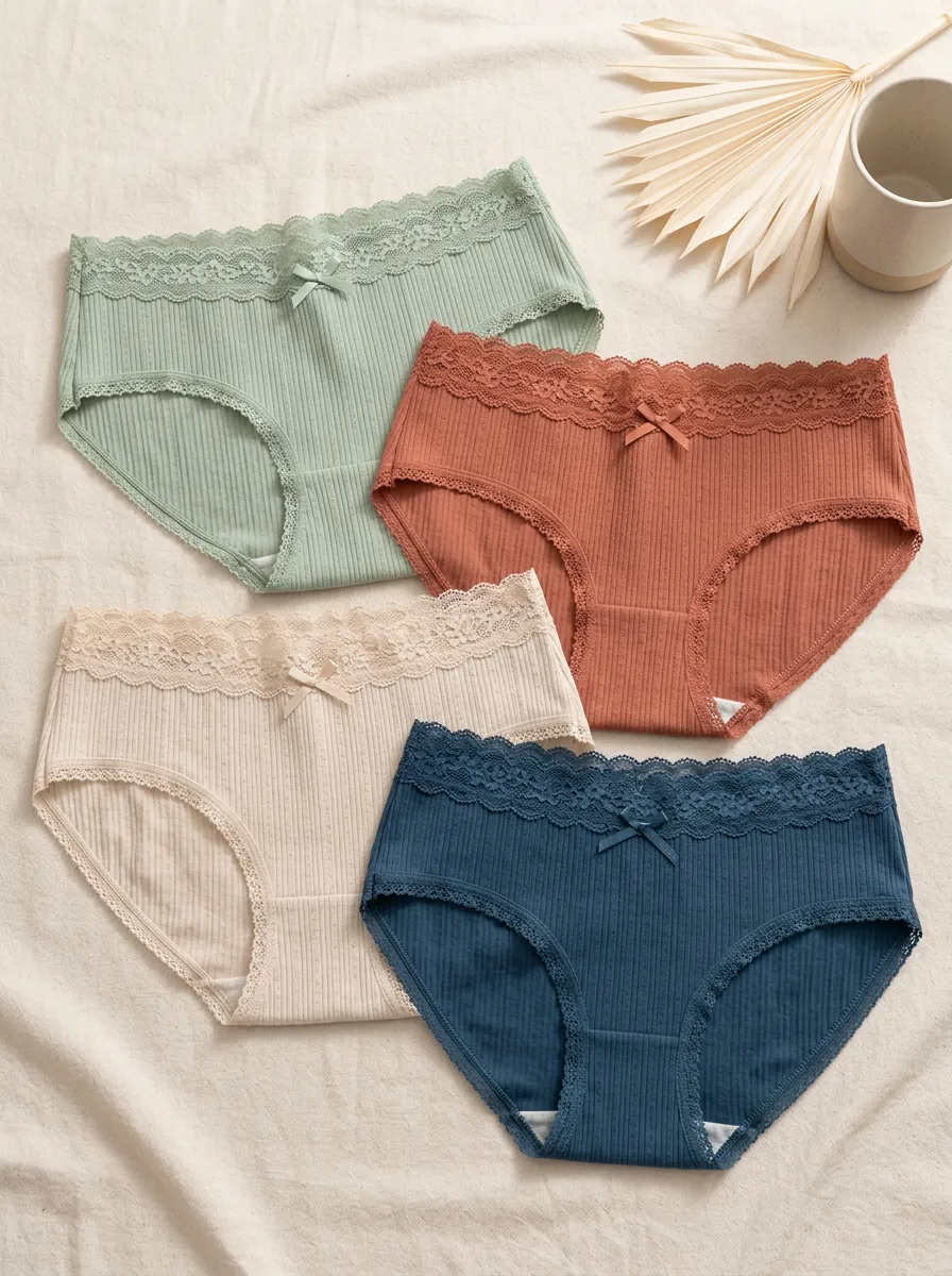 Women's Coordinated Ribbed Lace-Trim Briefs Set