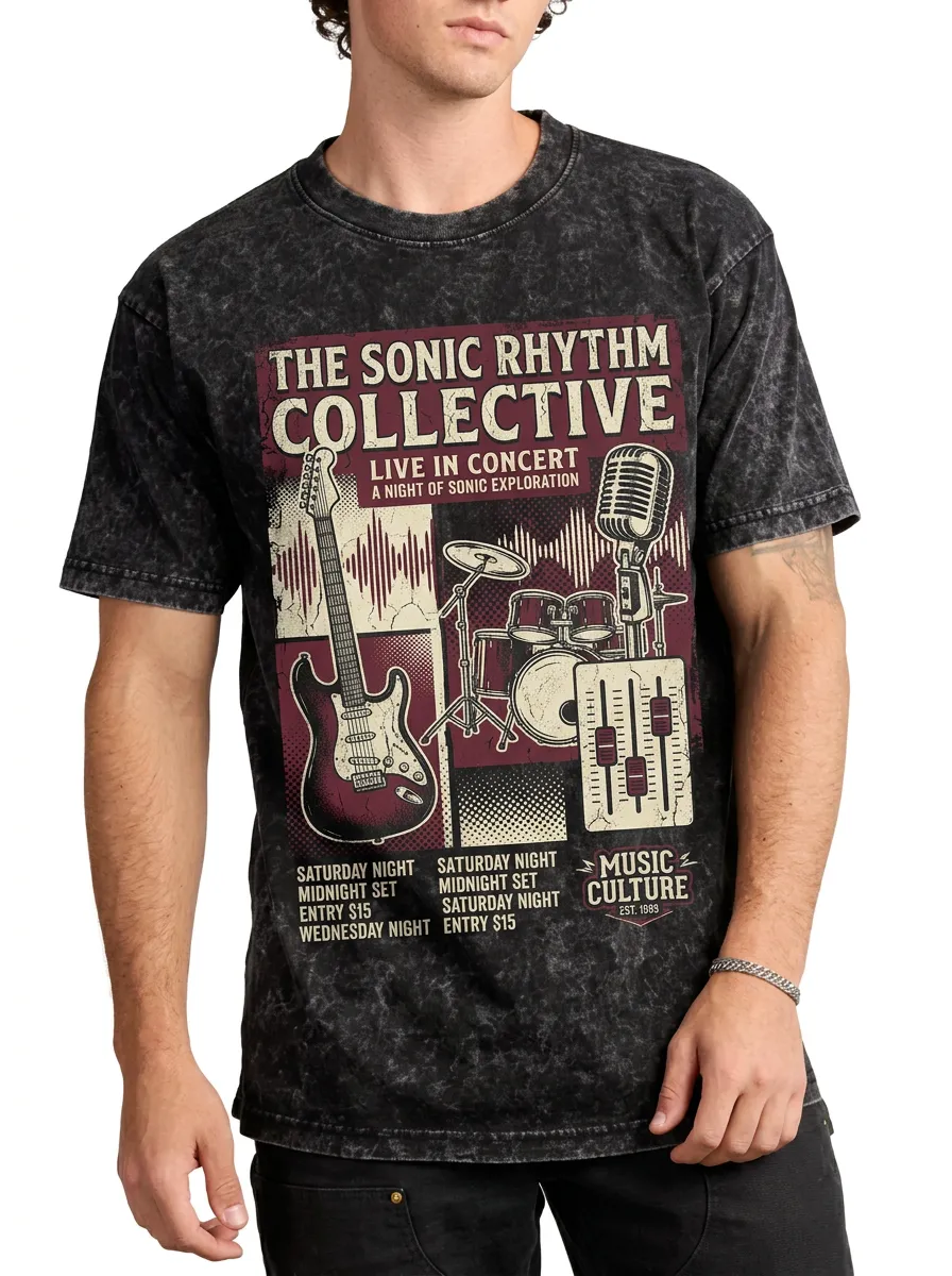 Men's Music Band Concert Guitar Drum Printed T-shirt