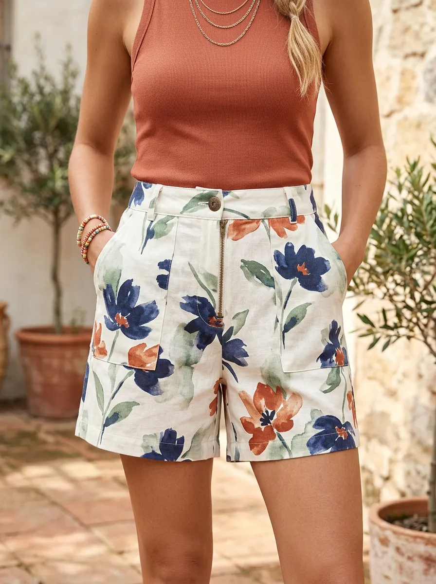 Women's Floral Botanical Watercolor Belt Loop Printed Shorts