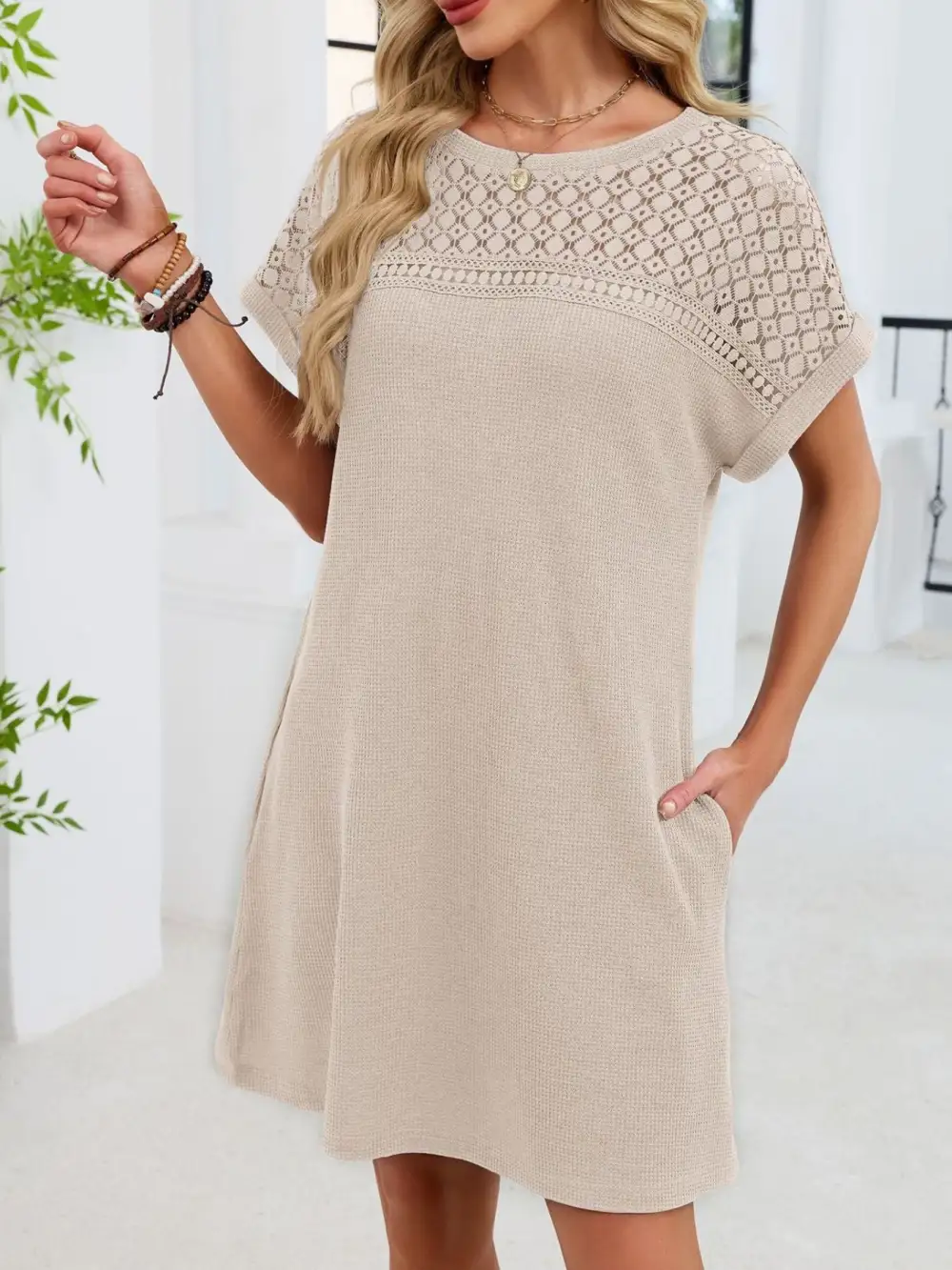 Lace Round Neck Short Sleeve Shirt Dress