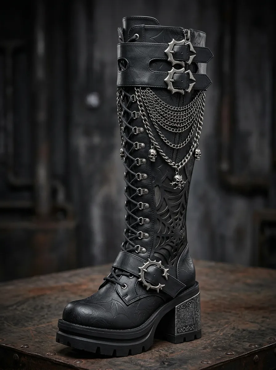 Gothic Revival Skull Spiderweb Chain Style Women's Gothic Platform Boots