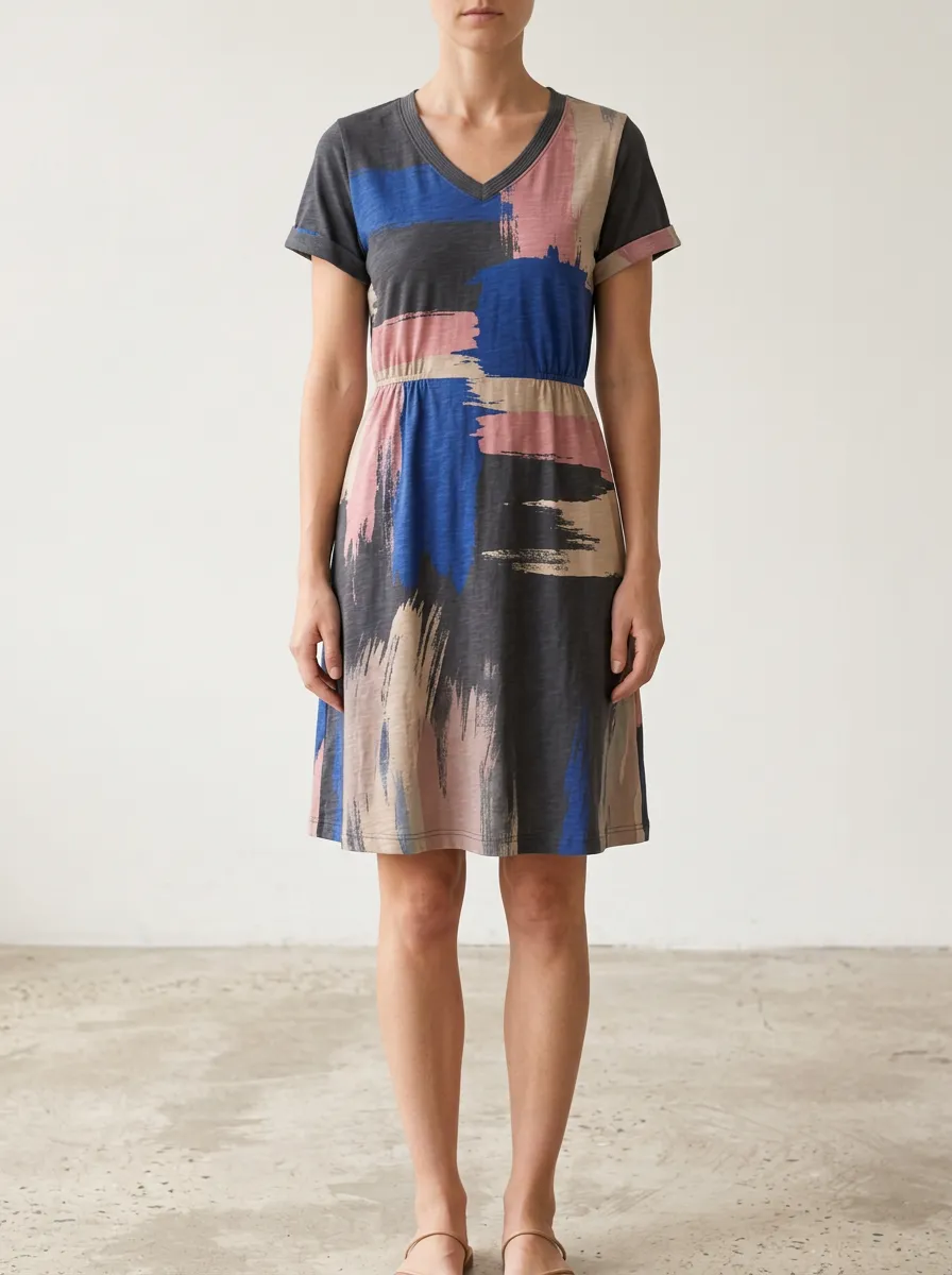 Women's Abstract Brushstroke Pattern Printed V-Neck Dress