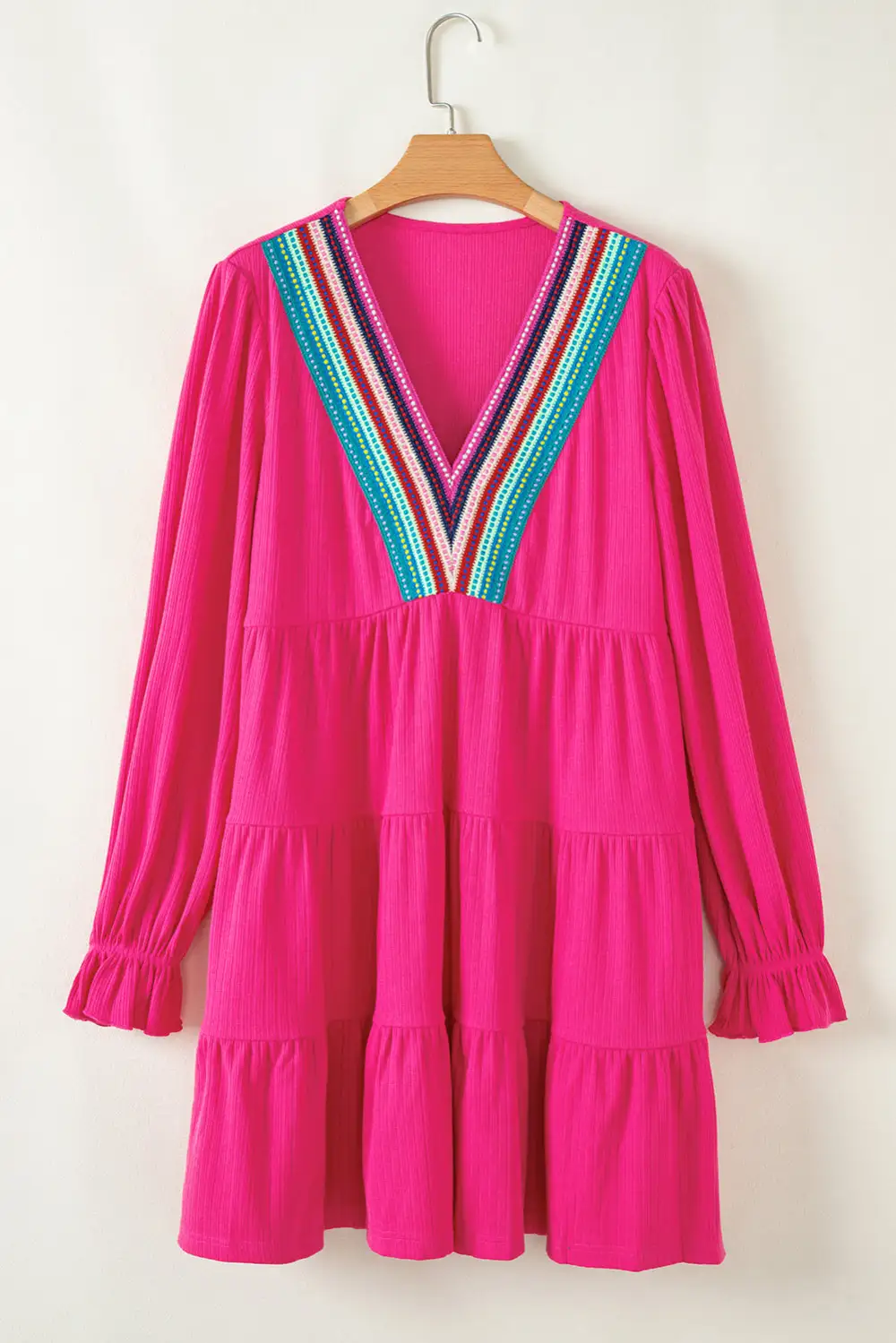 Colorful Crochet V Neck Textured Tiered Ruffled Long Sleeve Mini Dress