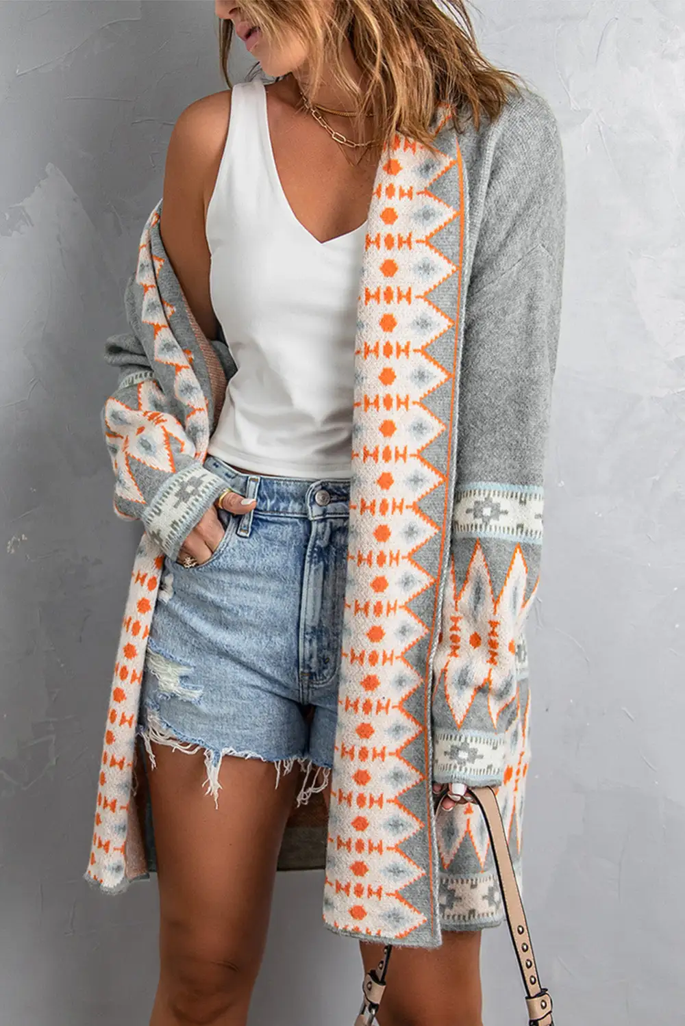 Aztec Print Open Front Knit Long Sleeve Cardigan