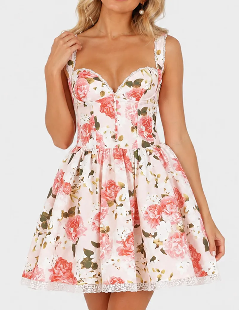 Lace Trim Sweetheart Neck Mini Dress