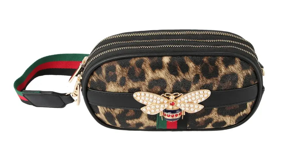Crystal Accent Animal Print Bee Motif Faux Leather Crossbody Bag