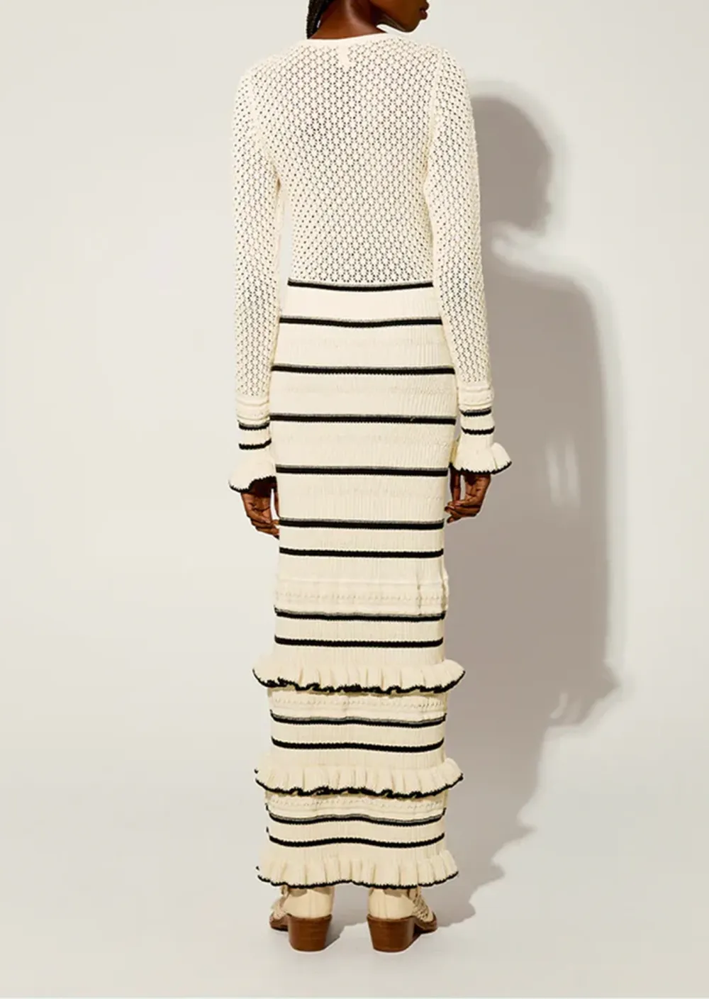 Crochet Knit Striped Ruffled Maxi Dress