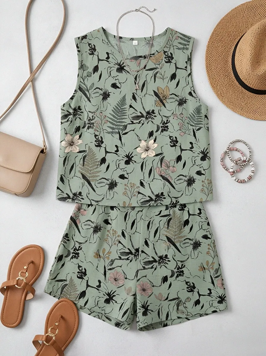 Women's Botanical Floral Fern Printed Sleeveless Shorts Set