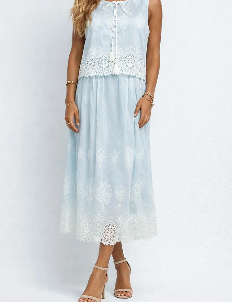 Boho Color Block Lace Embroidery Top Skirt