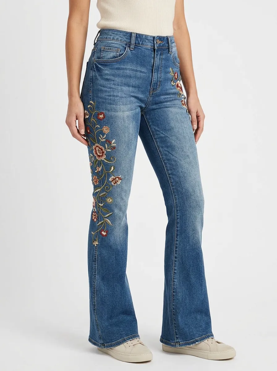 Women's Classic Medium Wash Floral Embroidery High-Rise Flare Jeans
